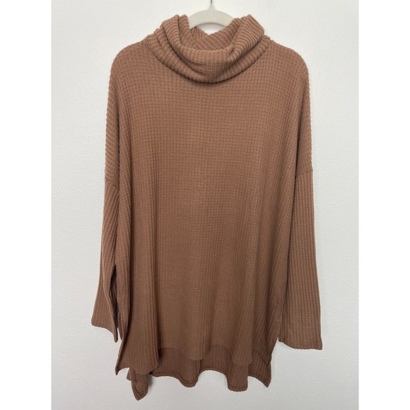 Zenana Thermal Waffle Knit Cowl Neck Hi-Low Tunic Oversized Sweater Cocoa Rayon - Picture 4 of 16